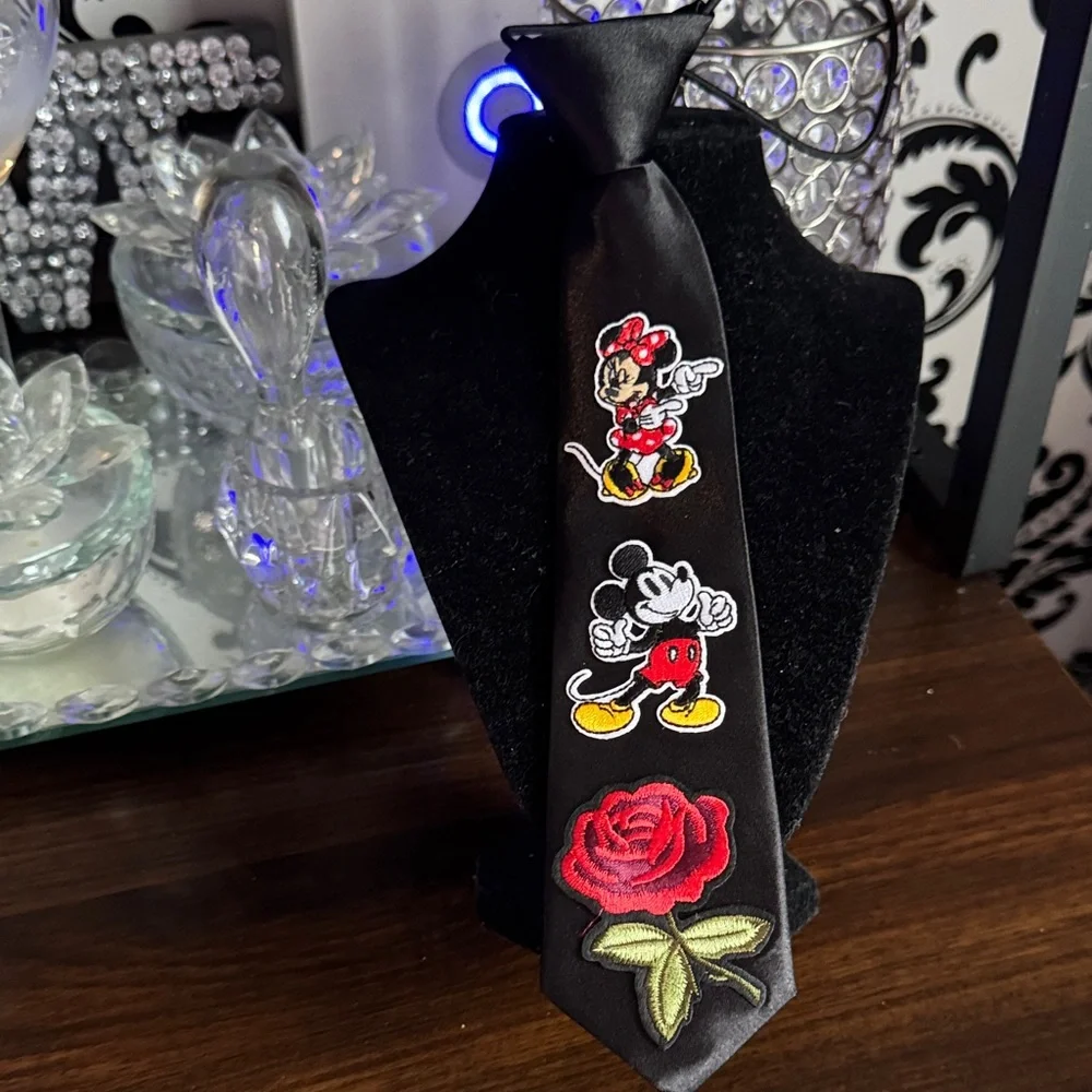 Black Novelty Tie with Embroidered Cartoon Characters and Red Rose
